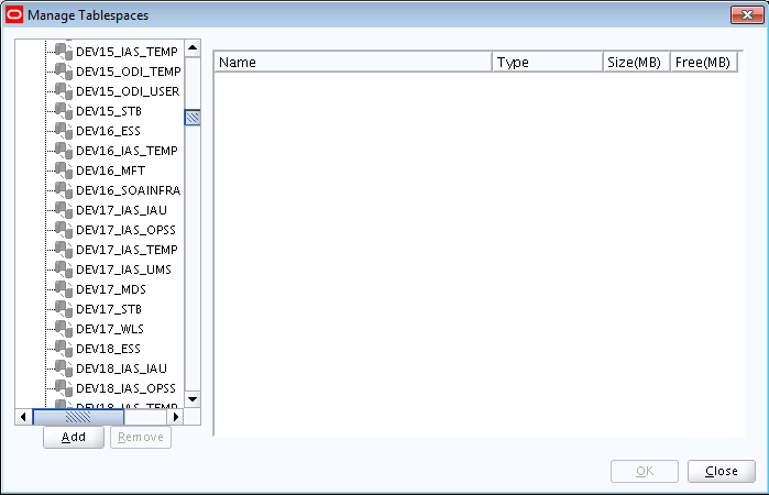 Description of the RCU Manage Tablespaces Screen follows