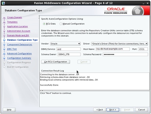 Database Configuration Type screen