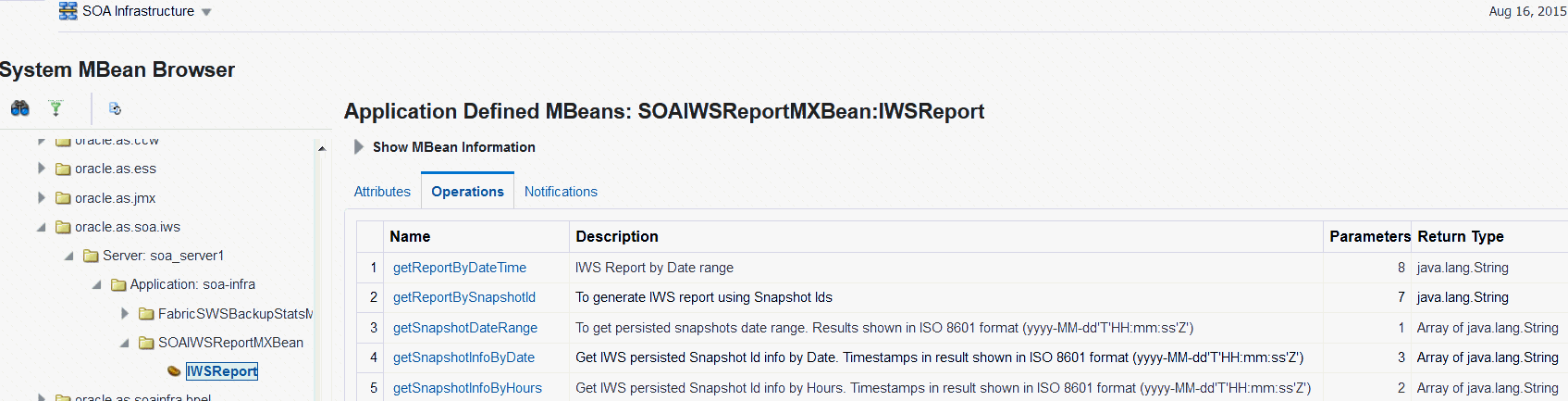 System MBean Browser showing IWSReport Operations tab. System MBean Browser showing IWSReport Operations tab.