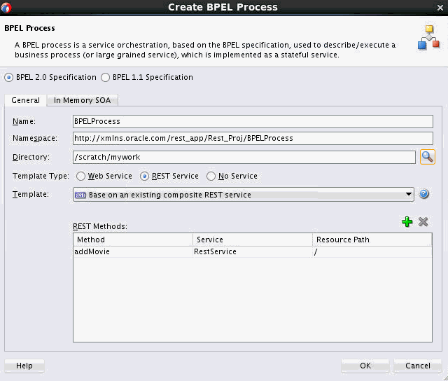 Create BPEL Process dialog with REST Service selected Create BPEL Process dialog with REST Service selected
