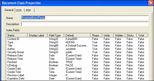 Document Class Properties for ScannedDocsParam screen Document Class Properties for ScannedDocsParam screen