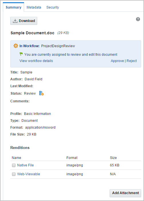 Summary tab of document properties showing workflow options Summary tab of document properties showing workflow options