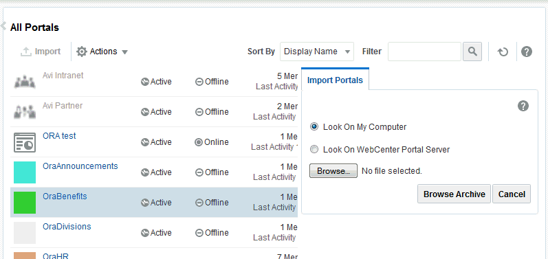 Import Portals pane on the Portals page Import Portals pane on the Portals page