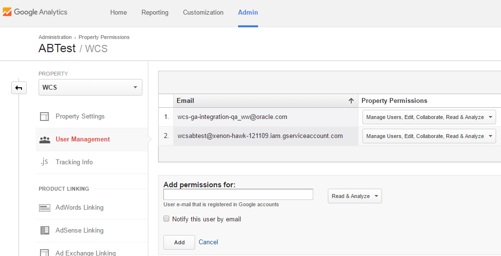 Shows the ABTest page on which you can add permissions for your service email address and the email address. Shows the ABTest page on which you can add permissions for your service email address and the email address.