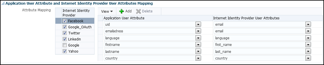 The Application User Attribute and Internet Identity Provider User Attributes Mapping page. The Application User Attribute and Internet Identity Provider User Attributes Mapping page.
