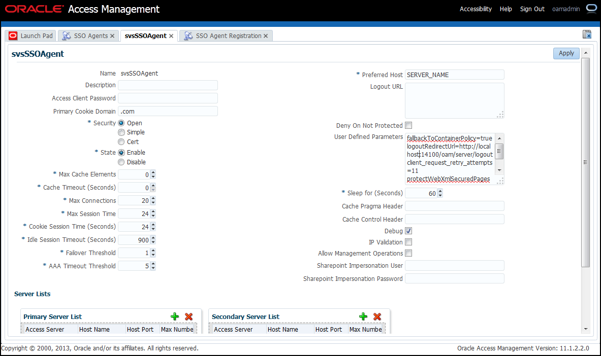 This image shows the SSO Agent page. This image shows the SSO Agent page.