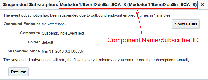 Suspended subscription dialog, includes the Resume button. Suspended subscription dialog, includes the Resume button.