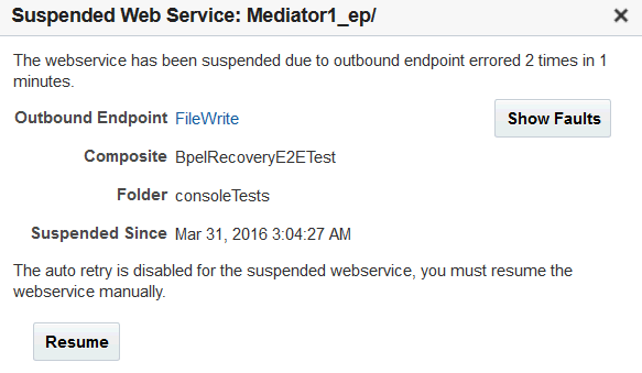 suspended service details, includes the Resume button. suspended service details, includes the Resume button.
