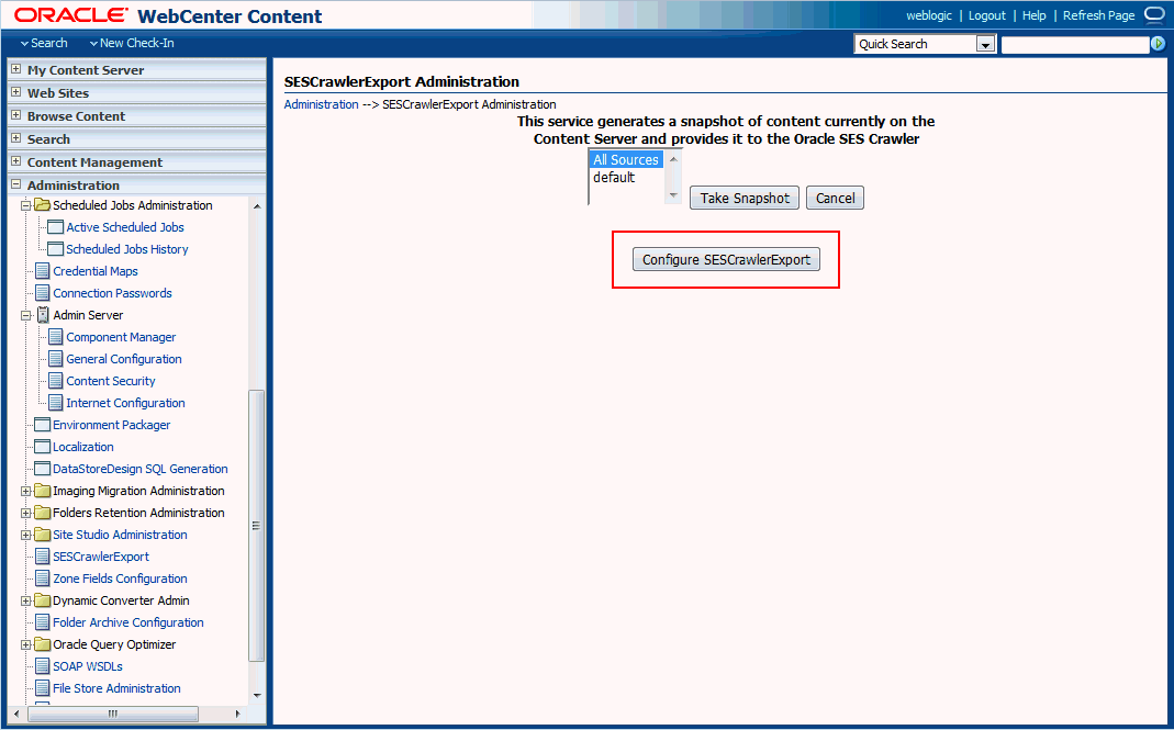 Configure SESCrawlExport button highlighted Configure SESCrawlExport button highlighted