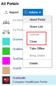 Actions menu showing Activate and Close actions Actions menu showing Activate and Close actions