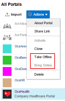 Actions menu showing Take Offline and Bring Online actions Actions menu showing Take Offline and Bring Online actions