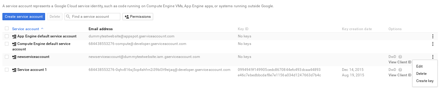 Shows the newly created service account.