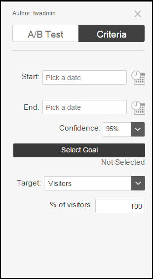 A/B Test Criteria Pane with start and end, visitor, confidence, conversion, and target controls A/B Test Criteria Pane with start and end, visitor, confidence, conversion, and target controls