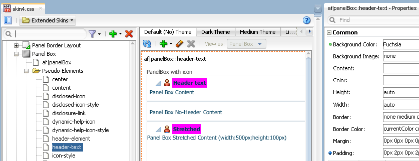 Shows the effect that setting the background color to fuchsia for a panelBox component in the preview editor of the skin editor.